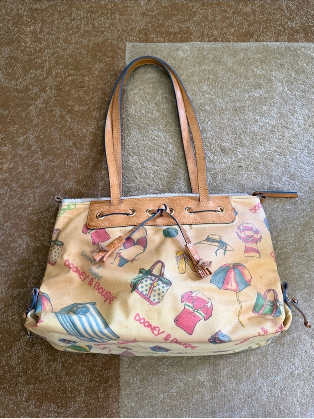 Dooney & Bourke Vtg Miami Beach Print Canvas Tote Bag Leather Trim Tassels